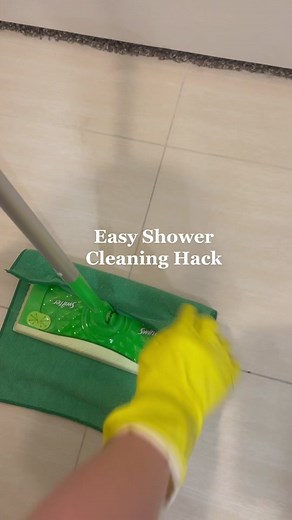 Super easy shower cleaning hack so you can stop scrubbing, and start relaxing! #bathroomcleaning #cleantok #cleanhack #lifehackvideo #swifferhack #mop