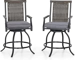 PHI VILLA Outdoor Swivel Bar Stools Set of 2, 24" Counter Height Patio Bar Chairs with Rattan Backrest and Wood-Like Armrest for Garden, Yard, Deck