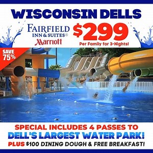 5.1K views · 17 reactions | Fairfield Inn & Suites WI Dells, Wisconsin Dells, WI 3 Nights In Luxury Accommodations Includes Dells Best Ski & Waterpark Passes Enjoy Complimentary Hot Breakfast Buffet Includes $100 Restaurant Dining Card Regular Rate $1195 . Today Only $299! https://www.bookvip.com/hotel_details/fairfield-inn-suites-wi-dells?id=769&destination_id=127&pid=1390&arrivedate=&from=&to=#a_aid=226&a_bid=3f9c590a | All Inclusive Vacation Packages | Facebook
