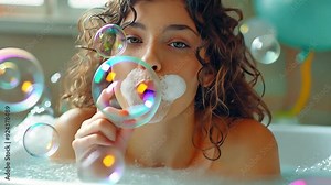 A young woman relaxing in a foam-filled bathtub, blowing bubbles with soap, enjoying herself. Idea for a tropical home spa