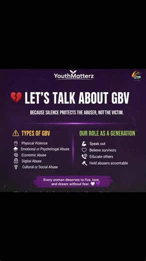 💔 Let’s Talk About GBV — Because Silence Protects the Abuser, Not the Victims Gender-Based Violence (GBV) is any form of harm, abuse, or violence directed at someone based on their gender. It often affects women and girls the most, but it can happen to anyone. GBV isn’t just physical — it’s emotional, psychological, sexual, and even digital. It’s about power and control, not love or discipline. ⚠️ Types of GBV 1. Physical Violence – Hitting, slapping, kicking, or any act causing physical pain o