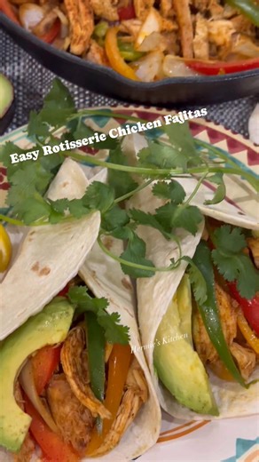 Rotisserie Chicken Fajitas Recipe This chicken fajita recipe uses a pre-cooked rotisserie chicken to make this a quick and easy weeknight dinner . 📌Ingredients:• 2-3 cups rotisserie chicken, breast part, shredded• 1/2 red bell pepper, sliced• 1/2 orange bell pepper, sliced• 1/2 green bell pepper, sliced• 1 medium yellow onion, sliced• 1 teaspoon smoked chipotle• 1/2 teaspoon ground cumin• 2- 4 teaspoons paprika (adjust to your taste)• 1/2 lemon or lime, juiced• Salt and pepper to taste • 2 tabl