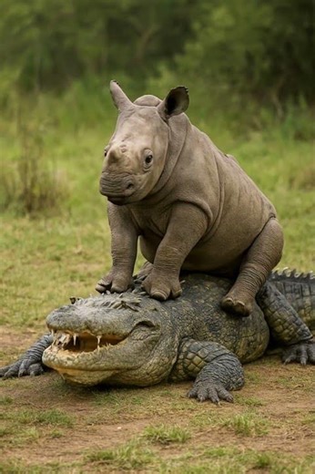Baby Rhino Sits on a Crocodile’s Back—Unexpected and Hilarious! #shorts #rhino #crocodile #cute