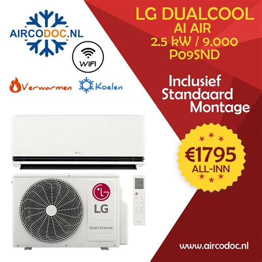 Airco Split Unit - LG Dualcool AI Air Special - vermogen 2.5 kW - incl. installatie