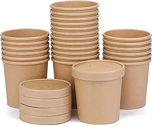 Wuadua Disposable 16 oz 25 Pack Paper Soup Containers with Lids - Takeout Soup Bowls for Noodles, Salad, Restaurant, Catering, Food Storage - Microwave Safe and Refrigeratory Save Bulk Supplies- Brown
