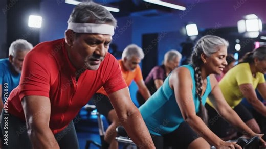 Focused diverse senior men and women exercising on stationary bikes during an indoor spin class in a modern gym
