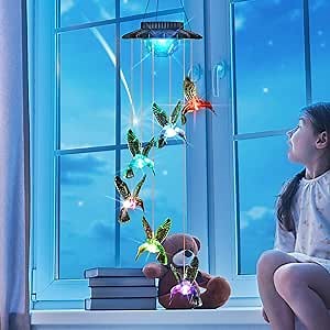 Solar Wind Chimes, LED Hummingbird Color Changing Outdoor Indoor Waterproof Mobile Decorative Outdoor Hanging Solar Lights for Home Patio Yard Garden Decor Birthday Great Present for Mothers Day