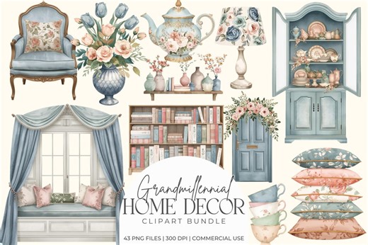 Grandmillennial Spring Home Decor Clipart Bundle, Vintage Furniture, Floral Accents, Window Door Scenes, Watercolor Isolated Images - Etsy