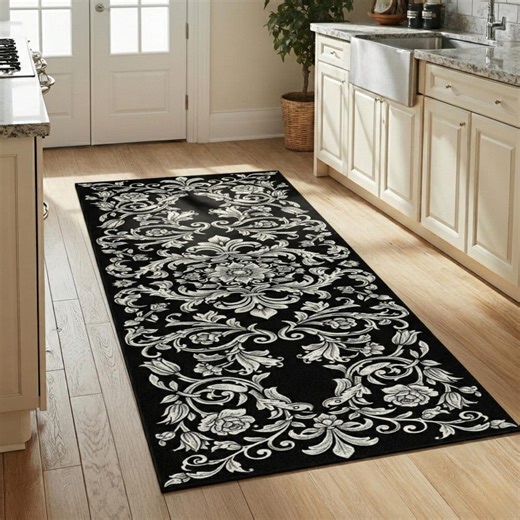 Black and White Damask Rug, Baroque Floral Area Rug, Gothic Home Decor, Luxury Vintage Runner, Washable Kitchen Mat, Victorian Style Carpet - Etsy