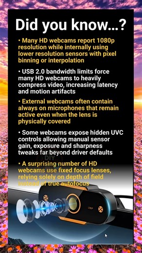 External HD webcam: sensor limits, USB bandwidth, compression and privacy quirks
