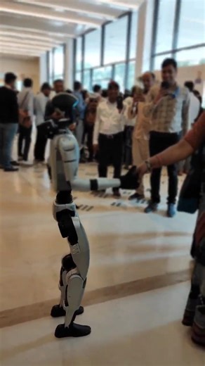 AI Robot interacting with people, shaking hands and making them happy