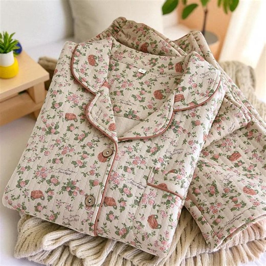 Cotton Pajama Set Women’s Autumn Winter Retro Lapel | Long Sleeve Cardigan Home Wear | Loose Fit Sleepwear - Etsy