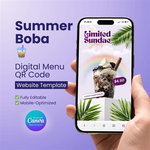 Summer Boba Digital Menu QR Code Website Template for Canva - Etsy