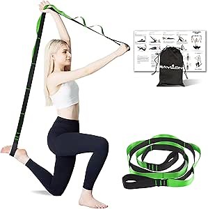 RAYLON Stretching Strap Yoga Strap for Physical Therapy, 10 loops 1.6” W x 6.5’ L Pilate Strap for Stretching, Non-Elastic Stretch Strap for Exercise, Dancing , Leg Stretcher Belt, Stretch Band for Women & Men with Exercise Book (Green)