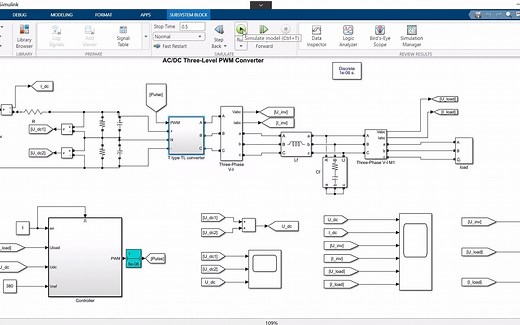 T型三电平逆变器仿真，采用三次谐波注入的SPWM方式等效三电平SVPWM的调制。