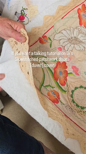 Angelia, Upcycled clothing, Designer and Teacher on Instagram: "Di is upcycling vintage doillies, tablecloths, tea towels and children's clothing using slow stitching and easy patchwork. If you want to know how she's doing this, comment Slow fir a link to her talking tutorial. #slowstiching #vintagequilt #upcycledvintage"