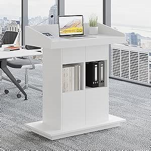 Lectern Solid Wood Podiums Floor Standing Podiums Rolling Podium with Wheel Church Podium and Pulpits Mobile Speaking Lectern with Wire Holes and Storage (White, 39.4″×19.68″×44″)
