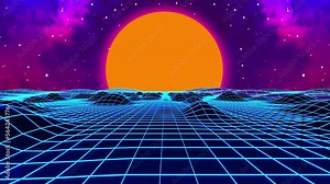 80s retro futuristic sci-fi seamless loop. Retrowave VJ videogame landscape, neon lights and low poly terrain grid. Stylized vintage vaporwave 3D animation background with mountains, sun and stars. 4K