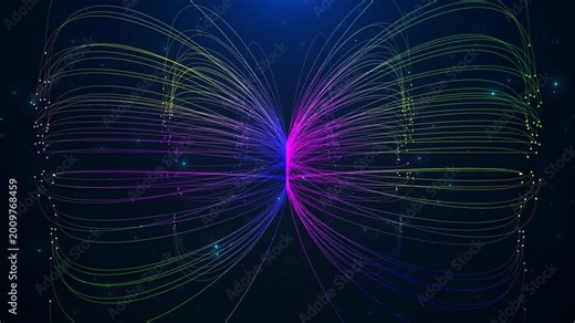 Colorful abstract line flow background with curved neon paths, glowing dots, dark star space. technology videos, data network visuals, music intros, science promos, AI concepts, digital overlays.