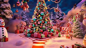 Whimsical Christmas tree with oversized ornaments, surrounded by snowmen and reindeer, set in a magical winter wonderland. Christmas