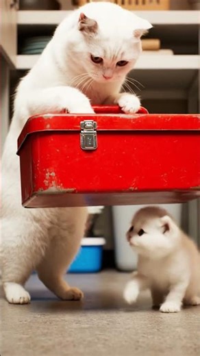 White Cat Mom & Kitten Fix Broken Water Dispenser 🔧💧