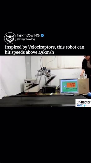 Insight Owl on Instagram: "Follow @insightowlhq for more robotics research, engineering breakthroughs, and ideas that spark curiosity 🧠 This is Raptor, a two-legged robot developed by the Mechatronics, Systems, and Control Lab at KAIST. Using lightweight structures, spring-like leg mechanics, and a tail-style balance system, the robot can reach speeds of about 46 km/h on a treadmill — faster than elite human sprint speeds. The design takes inspiration from animal and dinosaur locomotion, focusi