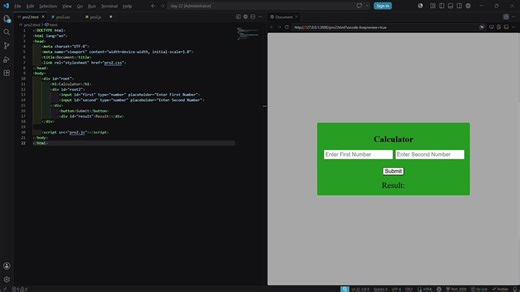 Day 23/60 — Web Dev Journey🚀JS Day 9 — Built an Addition Calculator!🧠→ Two inputs + a button→ addEventListener for the click→ Number() to convert values→ Result shown live in DOMSimple project, solid DOM practice!💪@rohit_negi9 @CoderArmy #JavaScript #100DaysOfCode