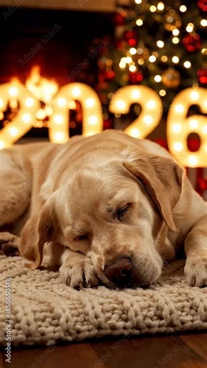 Sleeping Dog Christmas 2026 - A golden labrador retriever puppy sleeps peacefully on a woven rug, with the illuminated numbers "2026" behind it and a Christmas tree in the background.