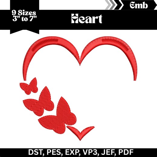 Heart Embroidery Design, Machine Embroidery File, 9 Sizes, Instant Download - Etsy