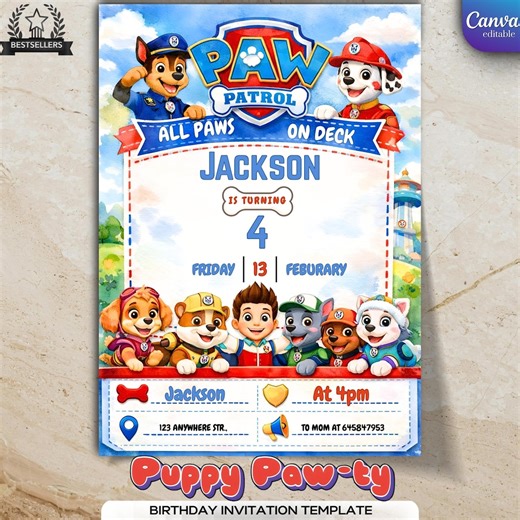 Paw Patrol Birthday Invitation, Puppy Party, Editable Canva Template (digital Download) - Etsy