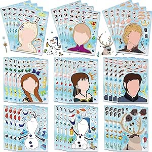 36Pcs Frozen Party Favors Stickers, Make Your Own Stickers for Kids Make a Face Sheets, Fun Gifts for Kids Birthday Party Supplies Mix and Match Sticker Bday Party Favor Decorations for Girls