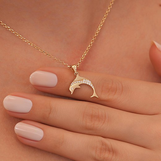 14k Solid Gold Dolphin Necklace • Crystal Accent Pendant - Etsy