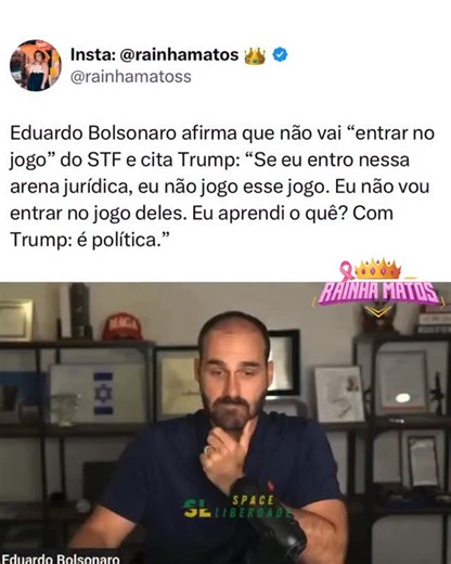Andréia Matos on Instagram: "Eduardo Bolsonaro afirmou que não vai “entrar no jogo” dos ministros do STF, dizendo ter aprendido com Trump que tudo se trata de política. “Eu posso botar o Rui Barbosa para me defender, pagar para ele US$ 20 milhões. O Rui Barbosa não conseguiria me absolver.” 🎥: @spaceliberdade 🦋"