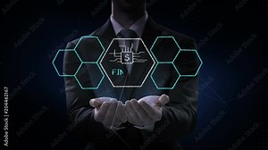 Businessman opens two palms, Fin-tech icon and various graph. Futuristic financial technology. 4k movie. version 1.