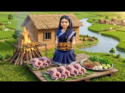 Miniature Doll Cooks Charcoal Roasted Frog & Boiled Wild Greens | Relaxing Indian Tiny Kitchen ASMR