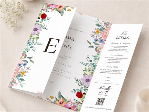 Wildflower Gatefold Wedding Invitation Template, Editable Canva Floral Invite Suite, Trifold Romantic Garden Folded Invite With QR RSVP - Etsy