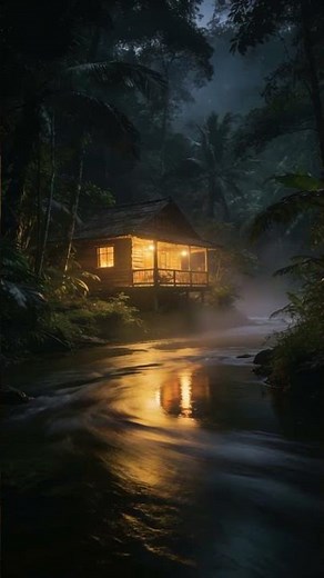 Relaxing Night River & Crickets Sound 🦗 Cozy Cabin in Jungle for Sleep & Calm Mind