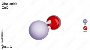 The chemical formula and 3d model of zinc oxide (ZnO). Zinc oxide is used in manufacturing processes: rubbers, plastics, ceramics, cement, lubricants, paints, ointments, batteries. 3d rendering.