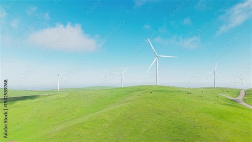 Drone view over Altamont Pass Wind Farm turbines in the California hills near Dublin. Applicable to energy, sustainability, and California landscape aerial content.