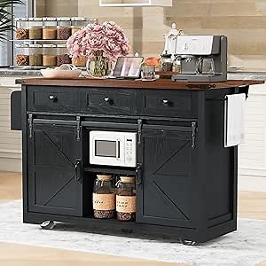 53.7" Farmhouse Kitchen Island with Power Outlet and Sliding Barn Doors, Rustic Kitchen Storage Islands with Drop Leaf, Rolling Kitchen Cart with Drawers and Spice Rack for Dining Room
