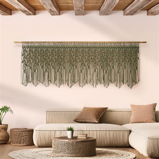Long Macrame Leaf Window Valance - Olive Curtain With Latte Leaves - Boho Rustic Curtain Treatments - Wall Tapestry Decor - Etsy