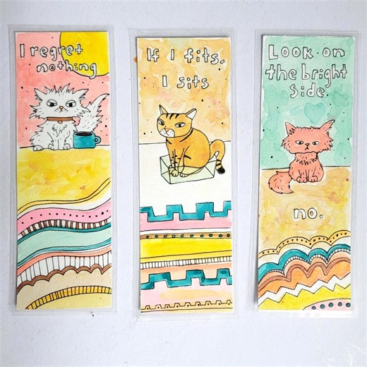 Witty Cat Bookmarks, Original Watercolor Art, Funny Cat Gifts, Grumpy Cats - Etsy