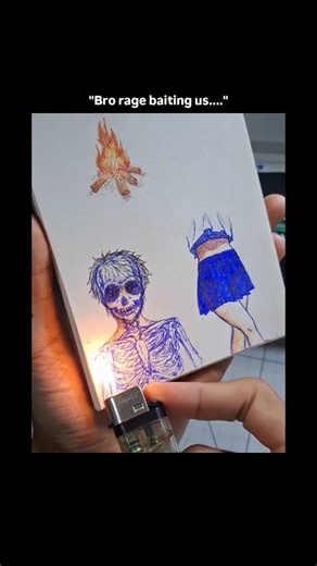 Knowledge | Curiosity | Discovery on Instagram: "The visual document demonstrates a pyro-technical interaction with a mixed-media illustration, wherein a controlled open flame is passed over a thermochromic ink layer to trigger a heat-induced opacity transition, effectively "erasing" a skeletal overlay to reveal a latent character portrait beneath. This content exploits the "magic trick" cognitive bias and the "denied gratification" loop—explicitly acknowledged by the overlay text—by successfull