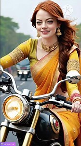 emma stone in red golden saree ride bullet bike in highway #emmastone