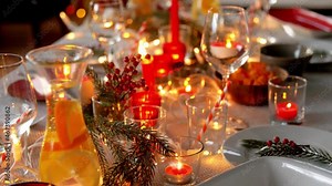 eating, winter holidays and celebration concept - table serving for christmas dinner party at home over snow