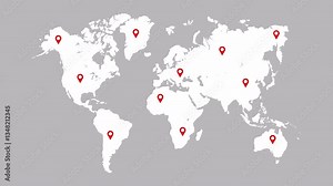 World globe map pin location animation, world map pin pointer location animated.