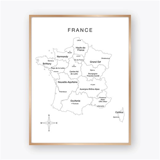 France Black and White Map Poster With Regions and Major Cities, Detailed Political Outline Map of France for Classroom Education - Etsy