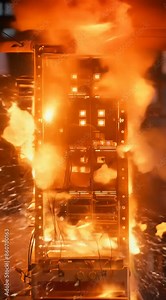 A computer server is on fire, with flames shooting out of it. The fire is so intense that it is almost impossible to see the inside of the server. The scene is chaotic and dangerous