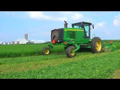 Mowing Hay near Maria Stein Ohio with a John Deere R450 windrower.