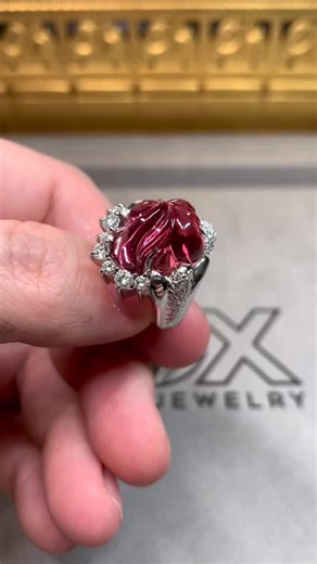 Estate Platinum Carved Rubellite Tourmaline Diamond Cocktail Dome Ring 21.40ctw | Fox Estate Jewelry